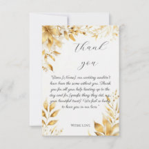 Tarjeta de agradecimiento de boda floral dorada el