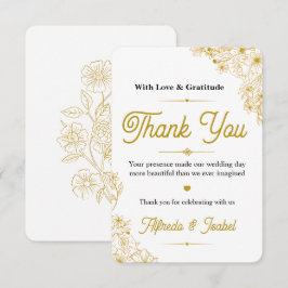 Tarjeta de agradecimiento de boda floral dorada el