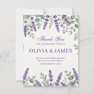 Tarjeta de agradecimiento de boda floral lavanda e