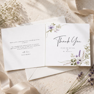 Tarjeta de agradecimiento de boda floral lila eleg
