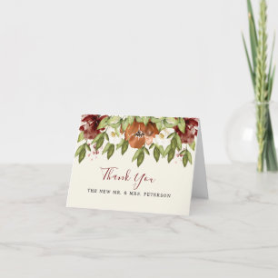 Tarjeta de agradecimiento de boda floral marrón rú