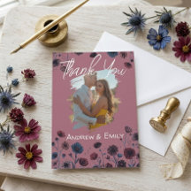 Tarjeta de agradecimiento de boda floral morada y