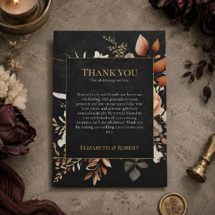 Tarjeta de agradecimiento de boda floral negra de