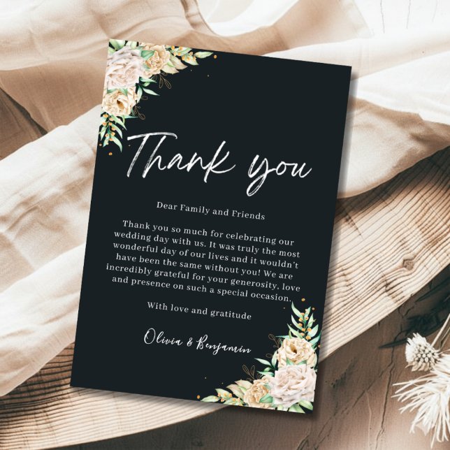 Tarjeta de agradecimiento de boda floral negra ele (Subido por el creador)