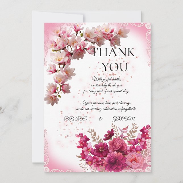 Tarjeta de agradecimiento de boda floral rosa en b (Anverso)