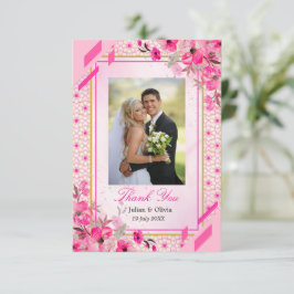 Tarjeta de agradecimiento de boda floral rosa fucs