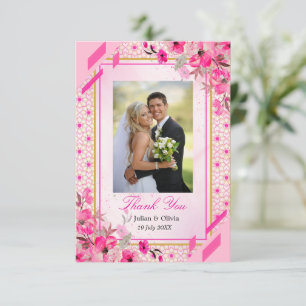 Tarjeta de agradecimiento de boda floral rosa fucs