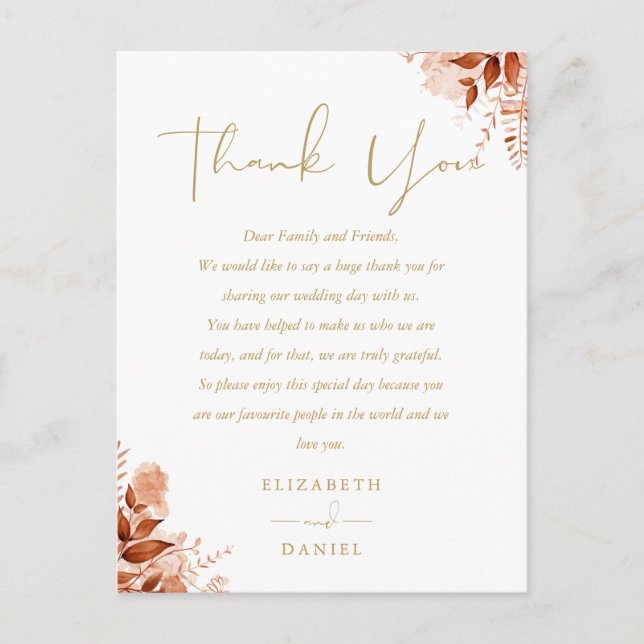 Tarjeta de agradecimiento de boda floral rústica d (Anverso)