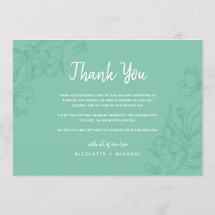 Tarjeta de agradecimiento de boda floral verde y b