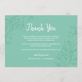 Tarjeta de agradecimiento de boda floral verde y b