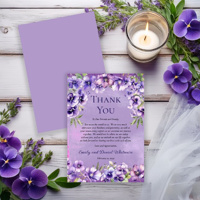 Tarjeta de agradecimiento de boda floral violeta e (Elegant violet florals for a refined and timeless wedding thank you card.)