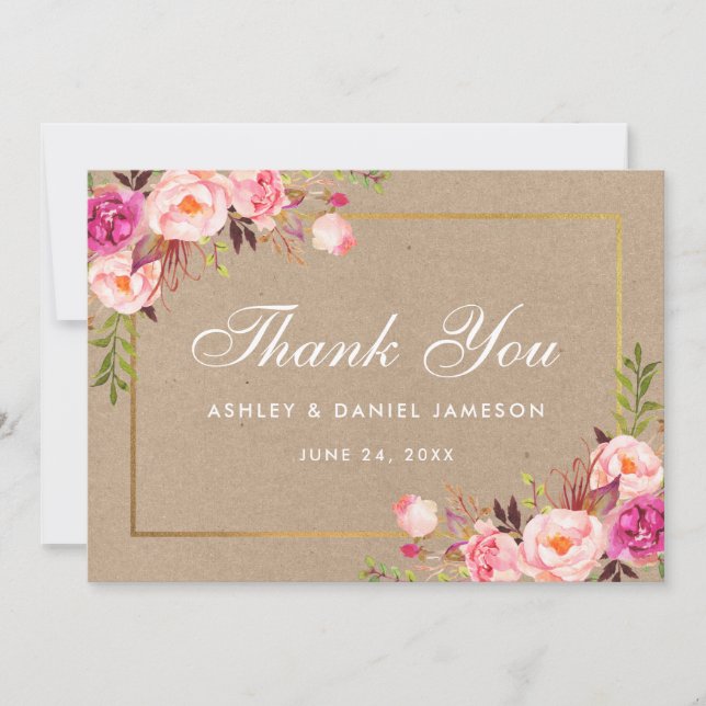 Tarjeta de agradecimiento de boda Kraft Floral Pin (Anverso)
