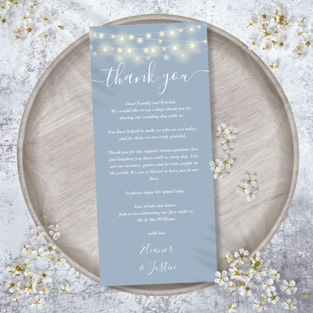 Tarjeta de agradecimiento de boda Luces azul polvo (Wedding Thank You Lights Dusty Blue Place Card)