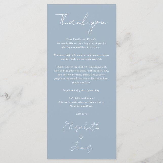 Tarjeta de agradecimiento de boda minimalista azul (Anverso)