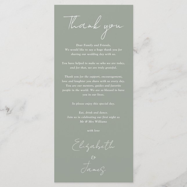 Tarjeta de agradecimiento de boda minimalista verd (Anverso)