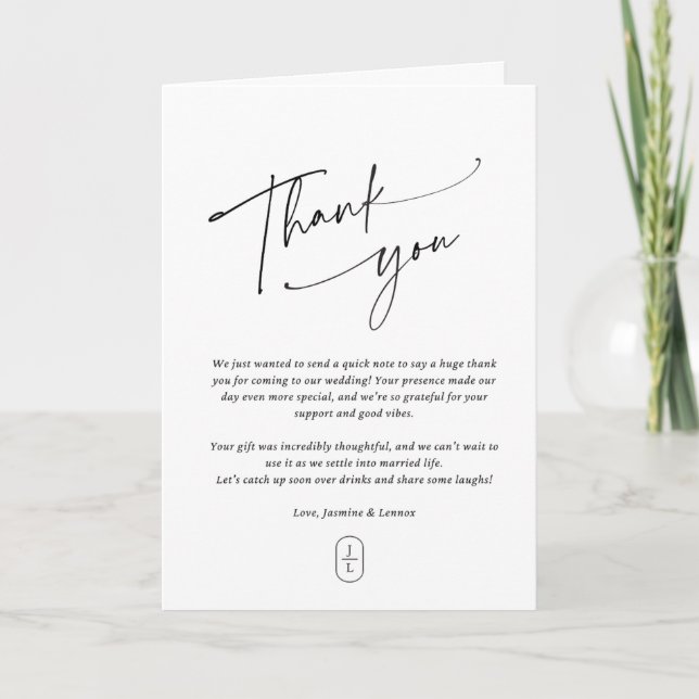 Tarjeta de agradecimiento de boda – Monograma curs (Anverso)
