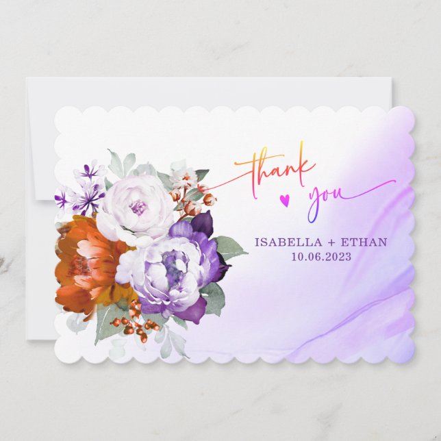 Tarjeta de agradecimiento de boda Morado y Naranja (Anverso)