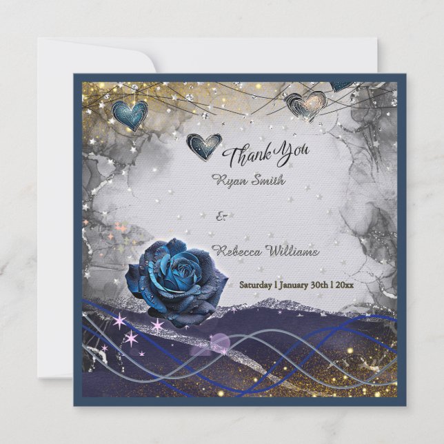 Tarjeta de agradecimiento de boda Navy Silver Gold (Anverso)