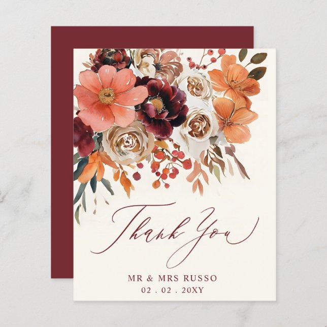Tarjeta de agradecimiento de boda otoñal floral na (Anverso / Reverso)