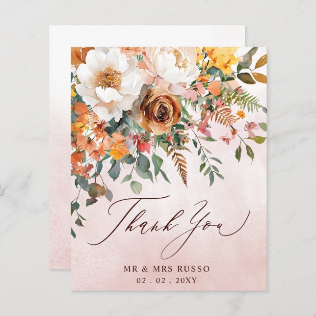 Tarjeta de agradecimiento de boda otoñal floral na (Anverso / Reverso)