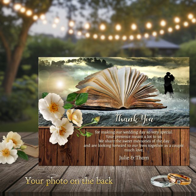 Tarjeta de agradecimiento de boda para amantes del (Wedding Thank You card featuring a book in a dreamy landscape scene with roses on rustic wood)
