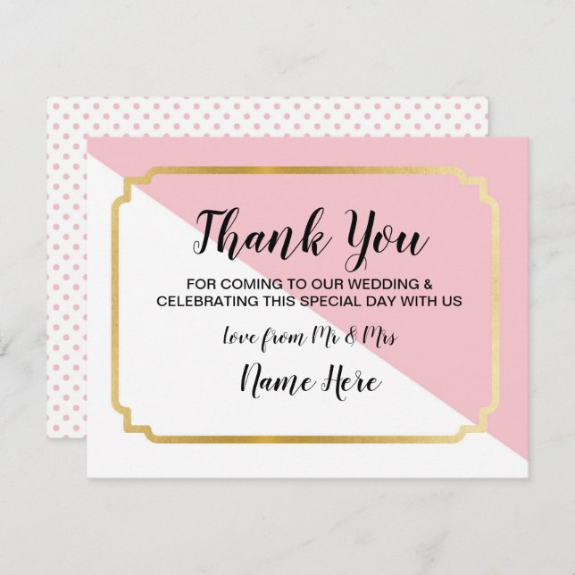 Tarjeta de agradecimiento de boda Pink Gold Elegan (Anverso / Reverso)