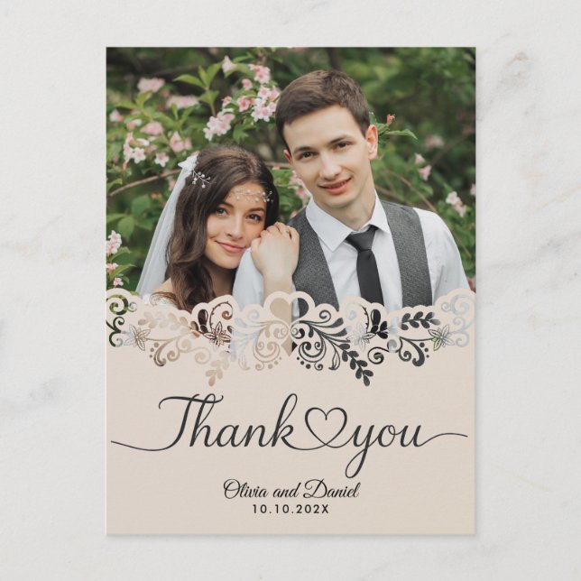 Tarjeta de agradecimiento de boda plana con corazó (Anverso)
