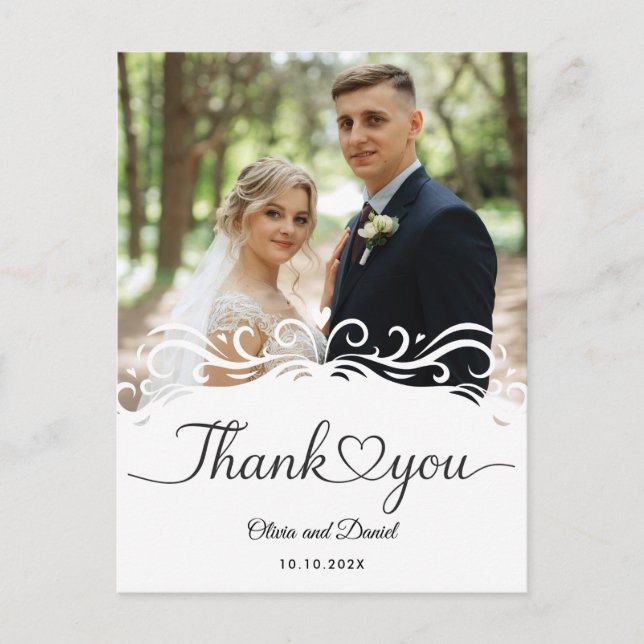 Tarjeta de agradecimiento de boda plana con corazó (Anverso)