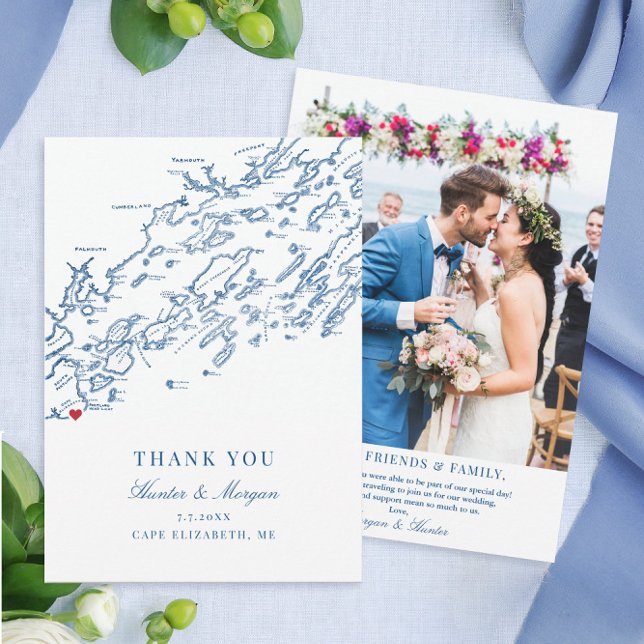 Tarjeta de agradecimiento de boda plana de Cape El (These Cape Elizabeth Maine photo thank you cards are perfect for your destination wedding in maine)