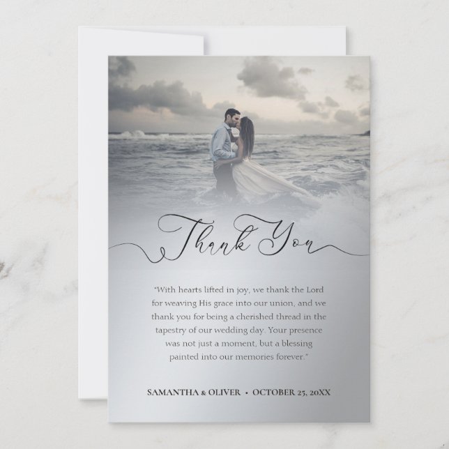 Tarjeta de agradecimiento de Boda plateado minimal (Anverso)