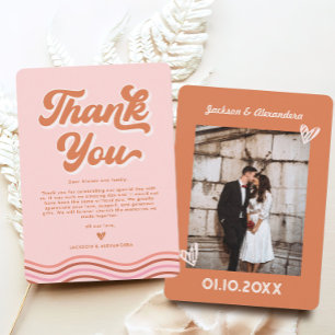 Tarjeta de agradecimiento de boda retro rosa naran