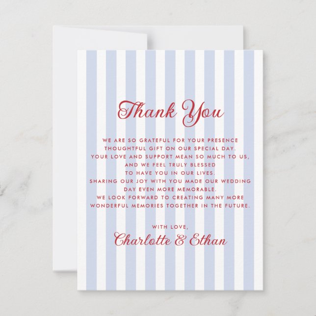 Tarjeta de agradecimiento de Boda rojo y azul raya (Anverso)