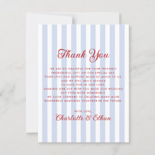 Tarjeta de agradecimiento de Boda rojo y azul raya
