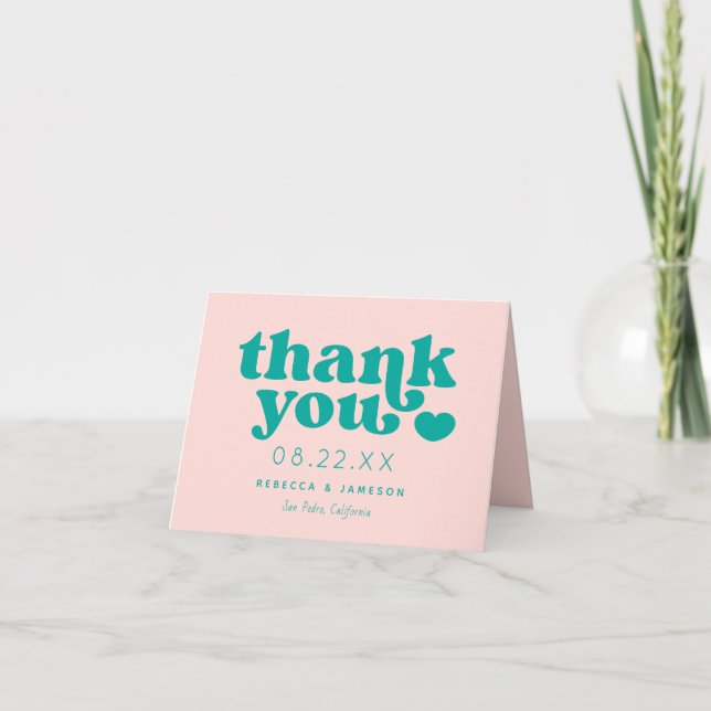 Tarjeta de agradecimiento de Boda rosa y Verde azu (Anverso)