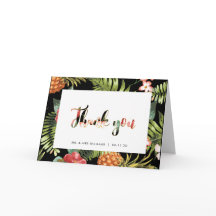 Tarjeta de agradecimiento de boda tropical dorada