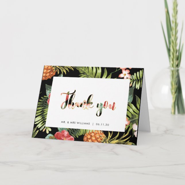 Tarjeta de agradecimiento de boda tropical dorada  (Anverso)