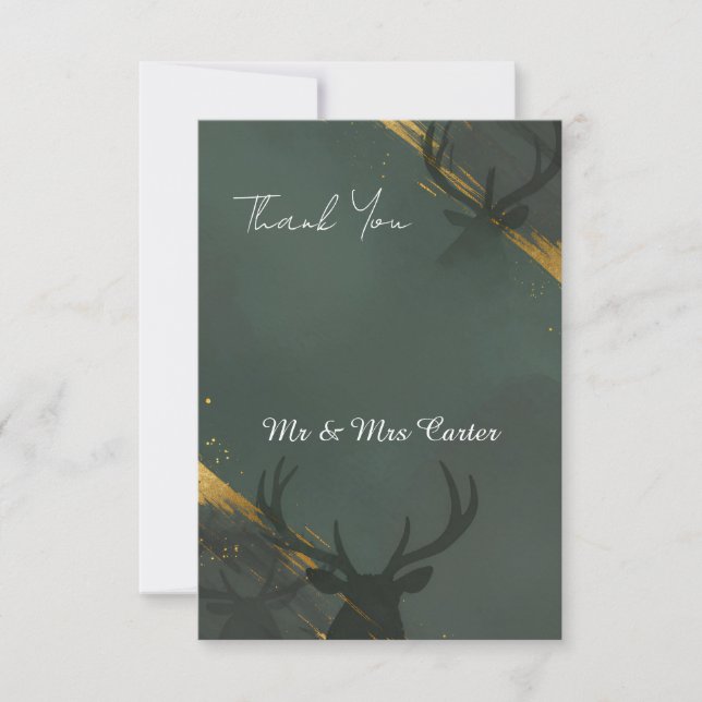 Tarjeta de agradecimiento de boda verde dorado de  (Anverso)