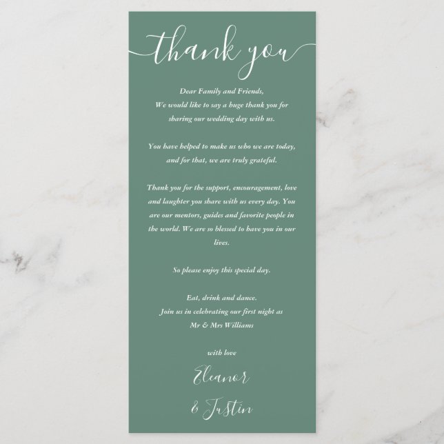 Tarjeta de agradecimiento de boda verde eucalipto (Anverso)