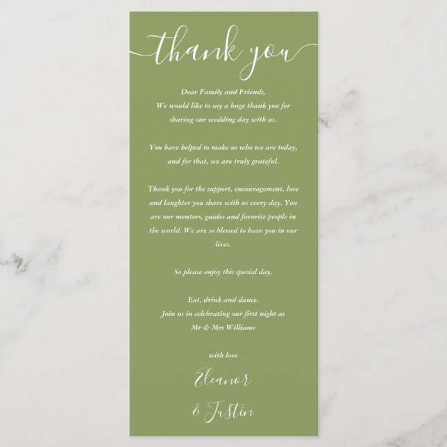 Tarjeta de agradecimiento de boda verde musgo (Anverso)