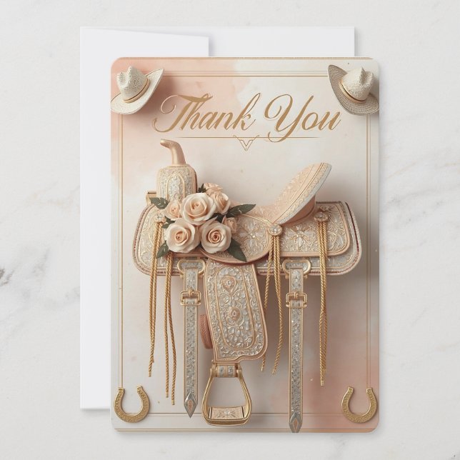 Tarjeta de agradecimiento de boda western Saddle & (Anverso)