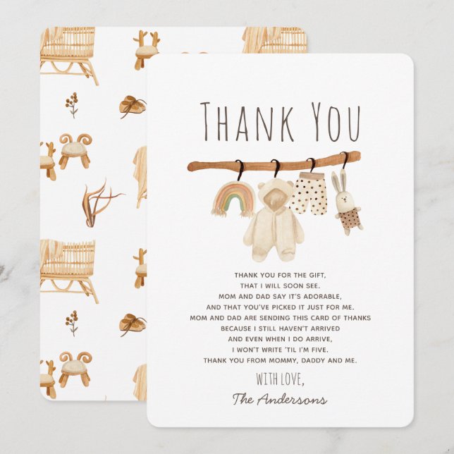 Tarjeta de agradecimiento de Boho Clothesline Baby (Anverso / Reverso)