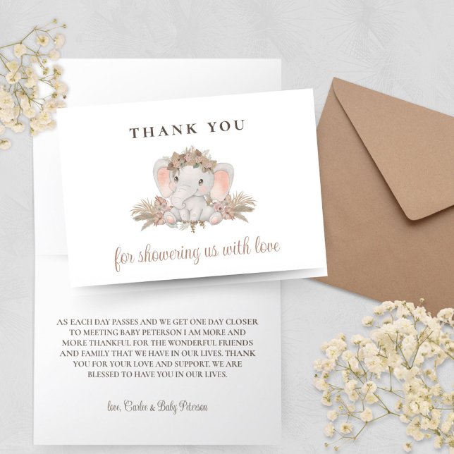 Tarjeta de agradecimiento de Boho Cute Elephant Ba (Boho Elephant Baby Shower Thank You Cards with Pampas Grass Floral Design)