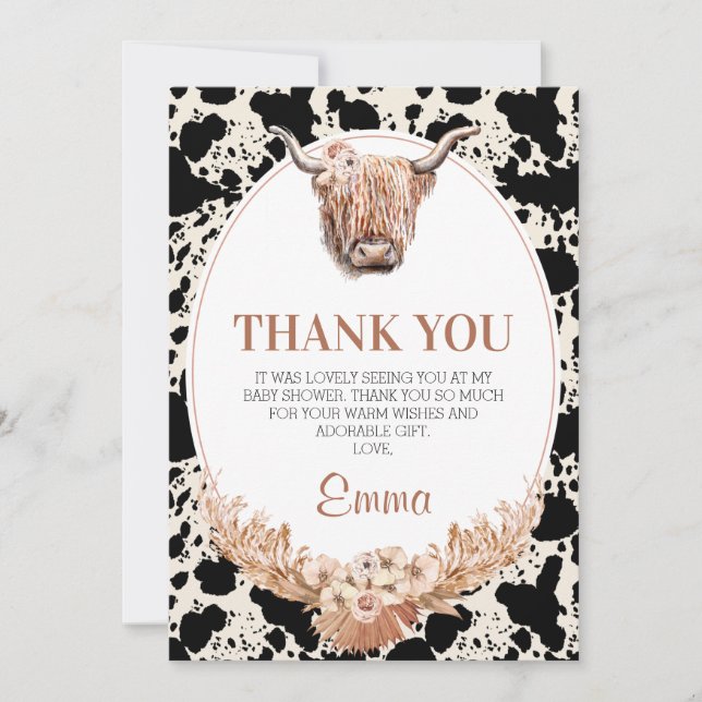 Tarjeta de agradecimiento de Boho Floral Cow Baby  (Anverso)