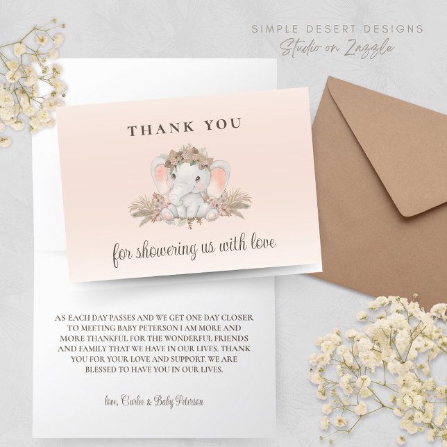 Tarjeta de agradecimiento de Boho Floral Elephant  (Boho Baby Shower Thank You Card with Cute Elephant and Gender Neutral Floral Design)