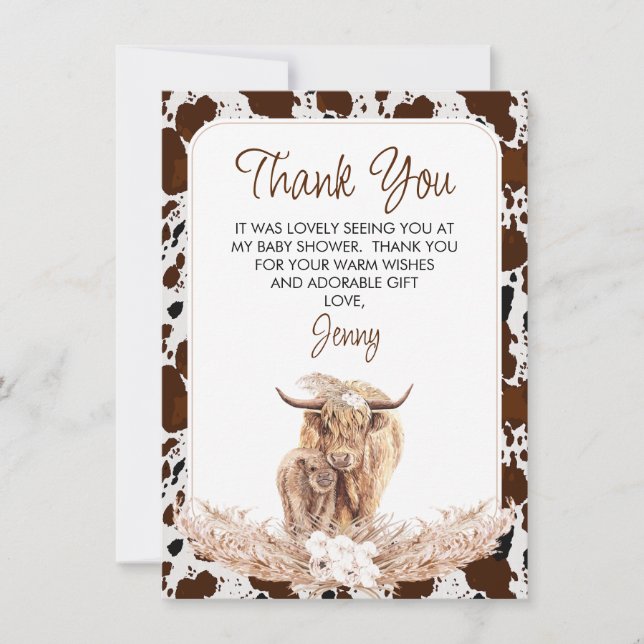 Tarjeta de agradecimiento de Boho Highland Cow Cal (Anverso)