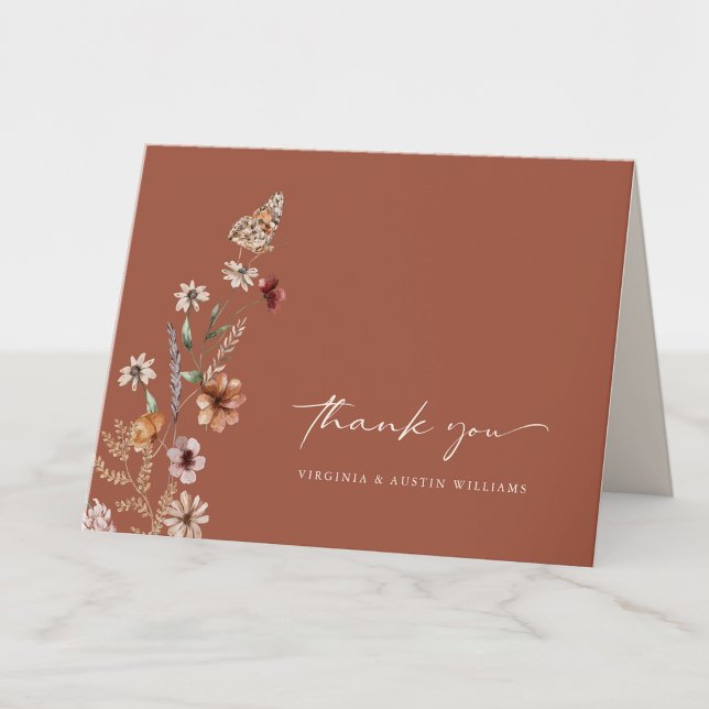 Tarjeta de agradecimiento de Boho Terracotta Boda (Boho Terracotta Wildflower  Wedding Thank You Card with Butterfly by Painted Paperie
)
