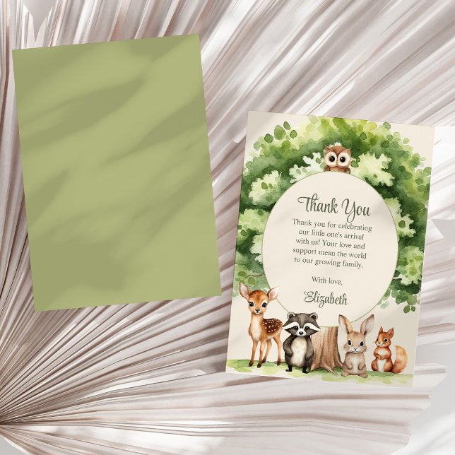Tarjeta de agradecimiento de Boho Woodland Animals (Boho Woodland Animals Baby Shower Thank You Card on a sunny neutral dry palm leaf.)
