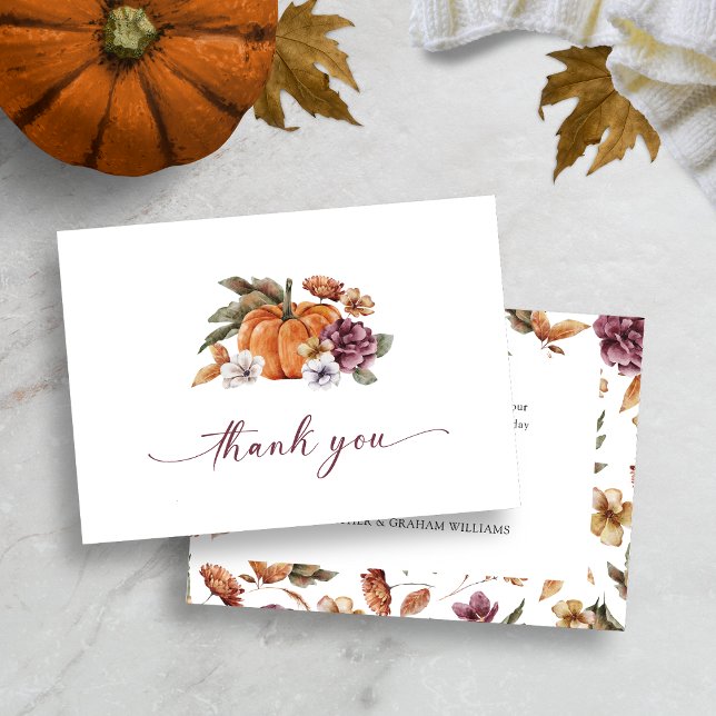 Tarjeta de agradecimiento de calabaza (Fall Watercolor Floral Pumpkin Thank You Cards)