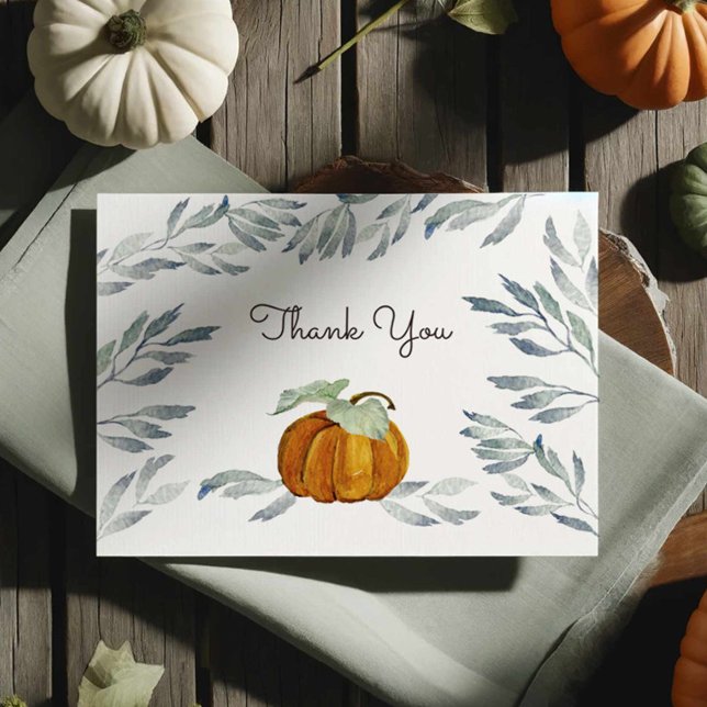 Tarjeta de agradecimiento de calabaza (Pumpkin thank you notecards feature a cute watercolor orange pumpkin.)