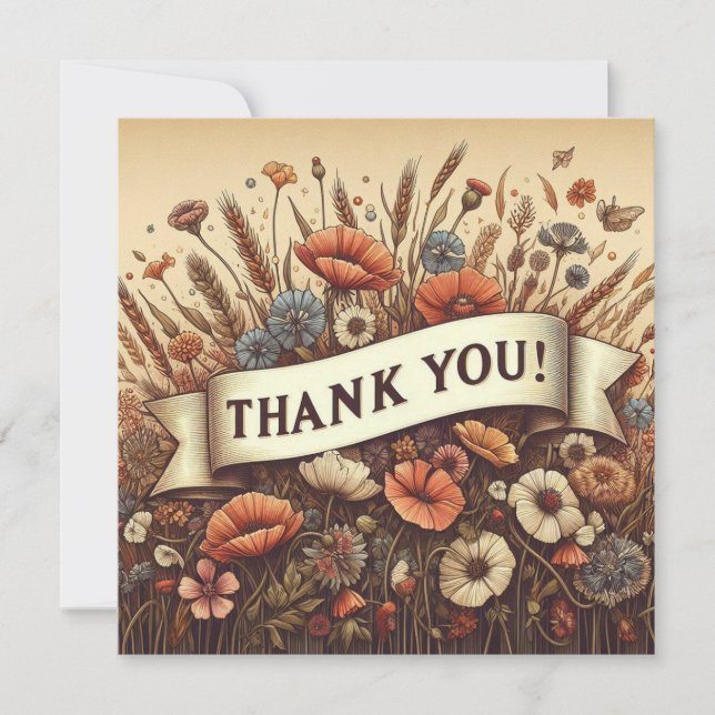 Tarjeta de agradecimiento de campo de flores vinta (Anverso)